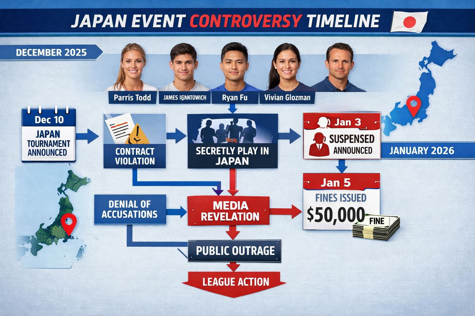 () detailed infographic showing timeline of Japan event controversy from December 2025 to January 2026, featuring calendar