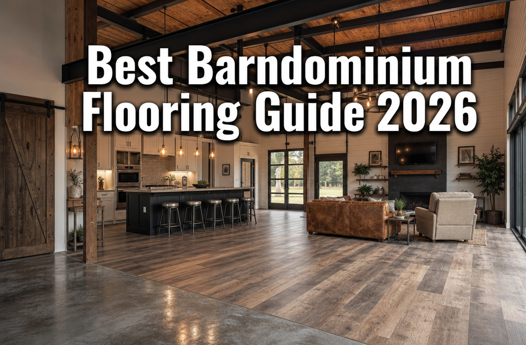 Professional () hero image with : 'Best Barndominium Flooring Guide 2026' in extra large white with dark drop , centered