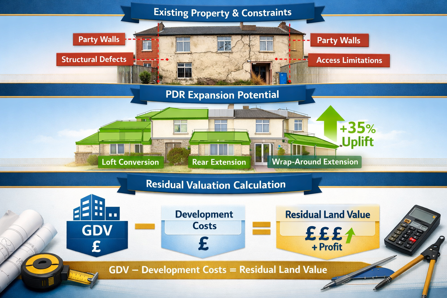 Detailed () image showing residual valuation method calculation workflow with three distinct visual layers: top layer