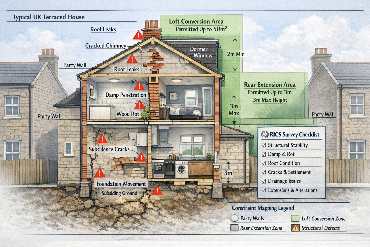 () detailed cross-section illustration of typical UK terraced property showing party wall locations on both sides with