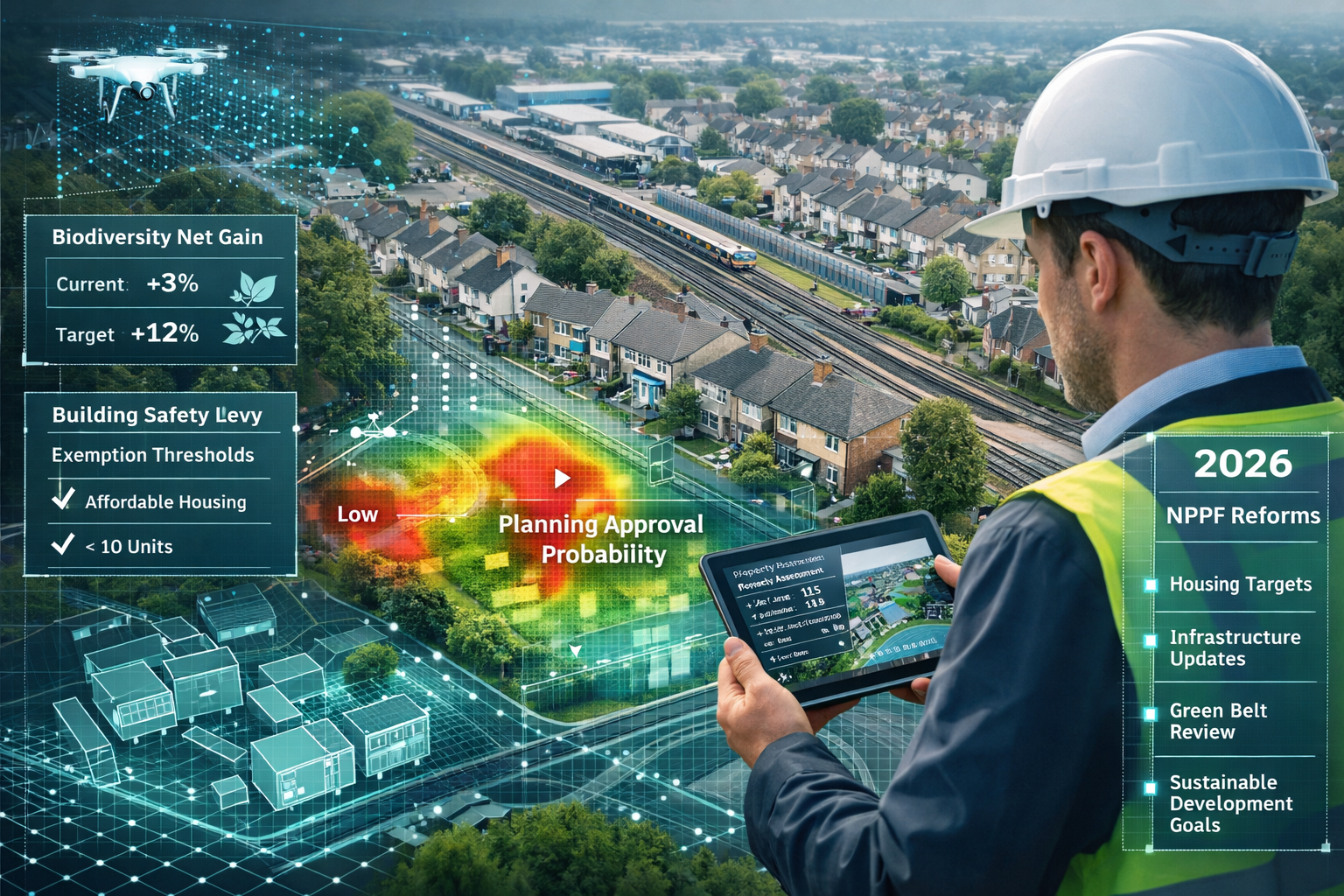 Professional () image depicting modern surveyor conducting site assessment with tablet showing digital property data ,