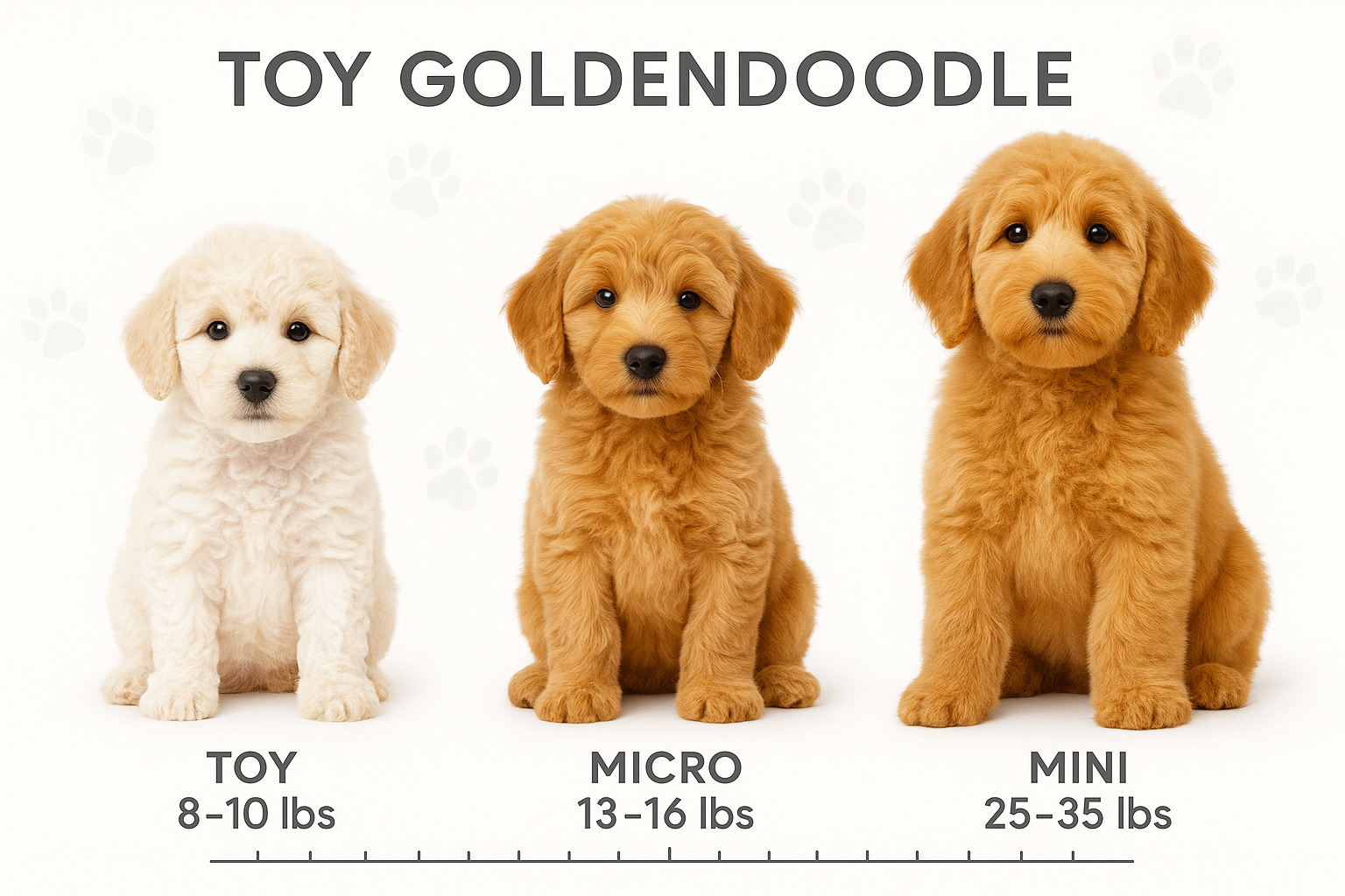 Detailed infographic-style image showing three adorable Toy Goldendoodle puppies at different life stages from 8 weeks to full grown, each l