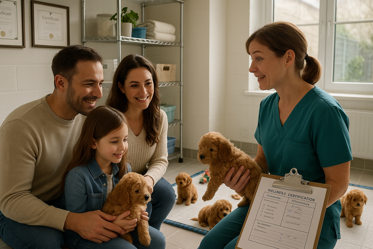 Warm, inviting image of a family meeting Toy Goldendoodle puppies at a professional breeding facility, showing responsible breeder interacti