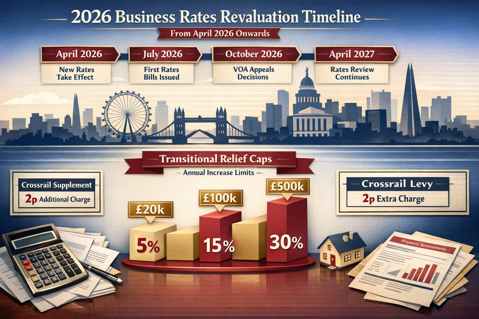 () detailed infographic showing 2026 business rates revaluation timeline from April 2026 onwards, with three-tiered