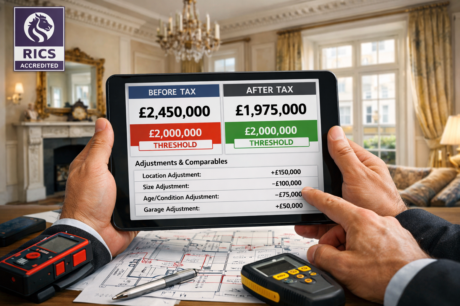() professional surveyor conducting prime London property inspection, close-up of hands holding digital tablet displaying