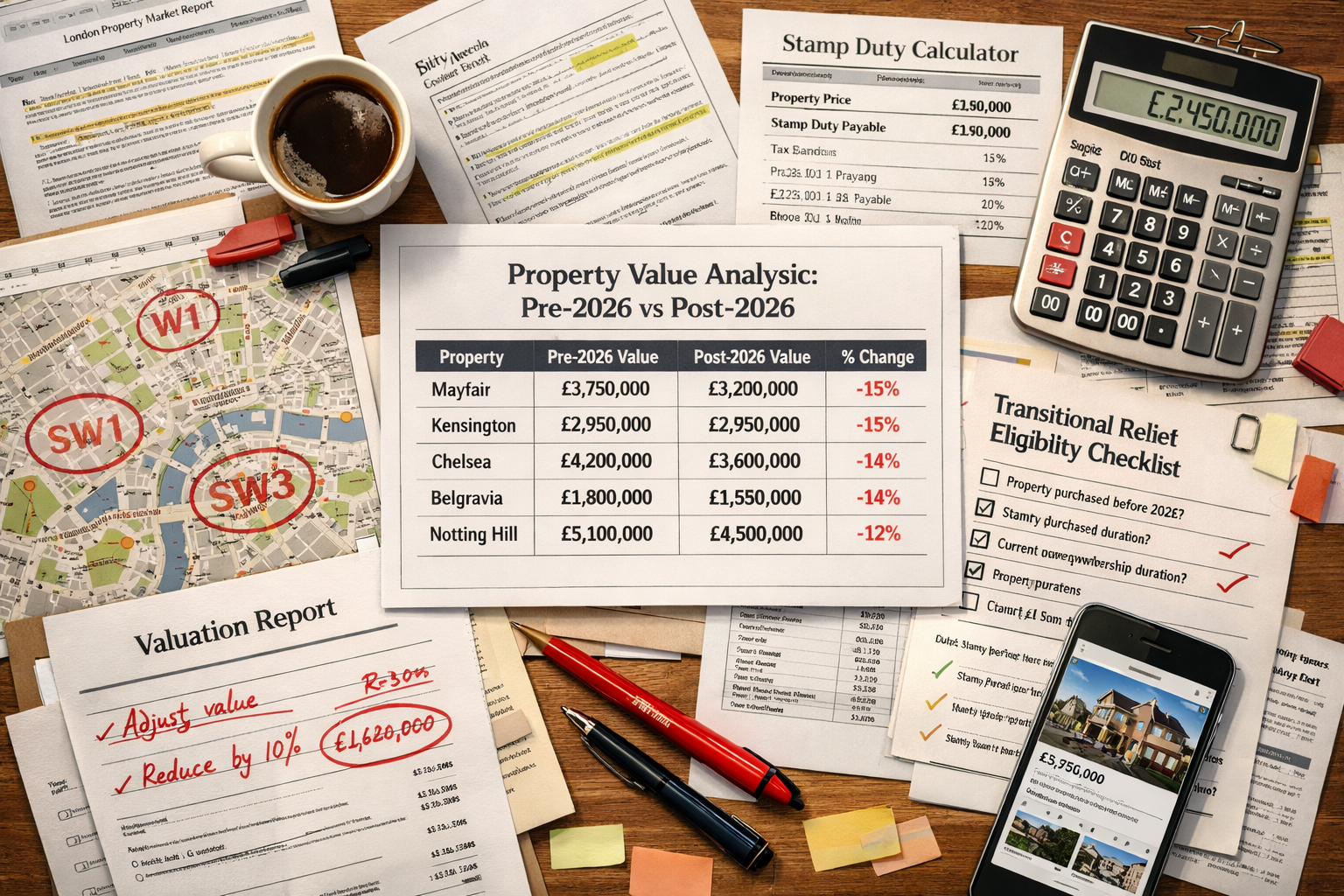 () strategic planning scene showing surveyor's desk from above (flat lay perspective) covered with multiple prime London