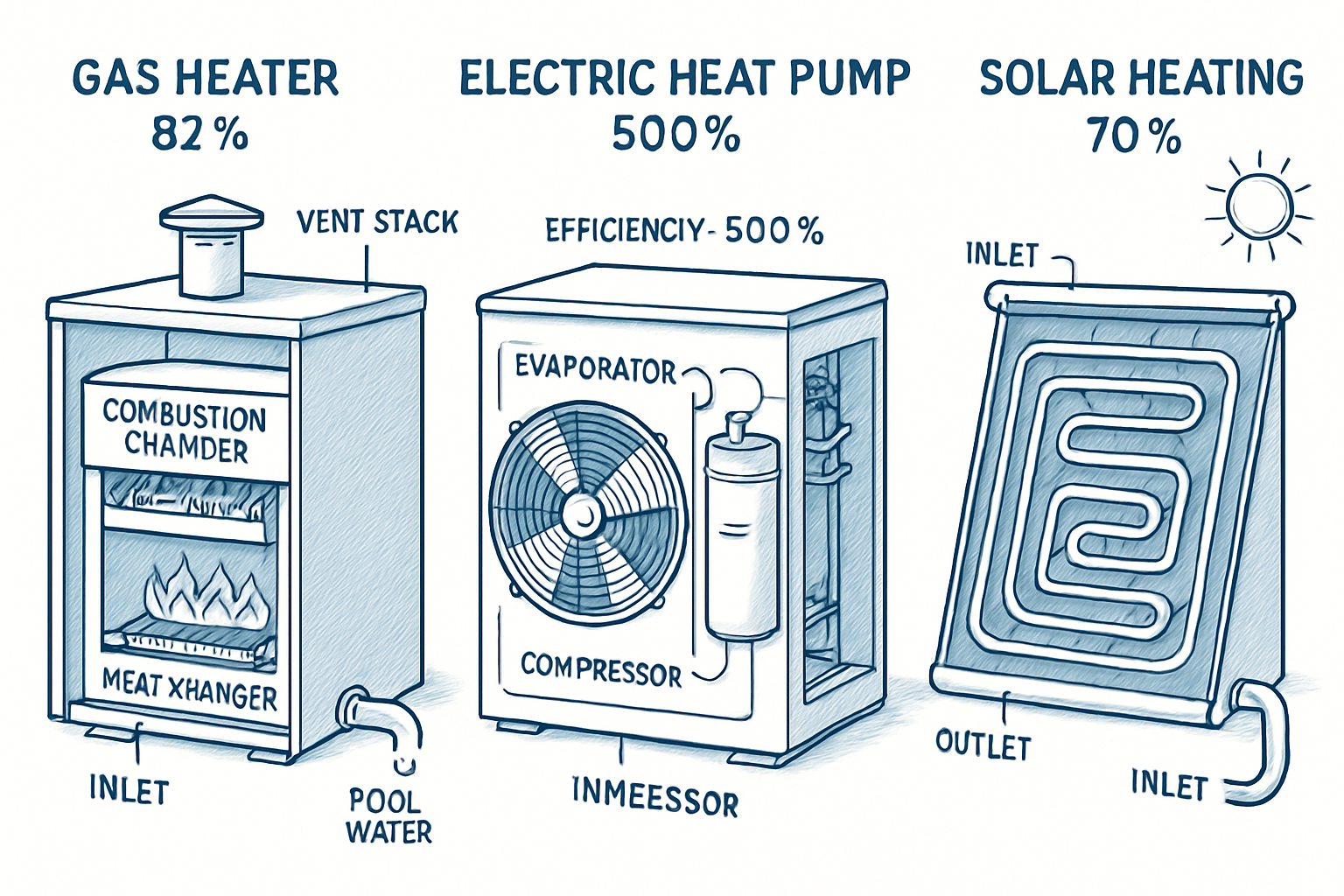 Detailed cutaway technical illustration showing three different pool heater types side by side - gas heater with internal combustion chamber