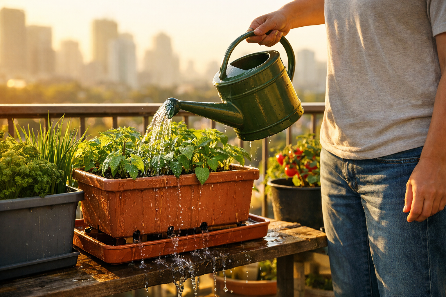 All images must be as if shot with an SLR camera Detailed () morning watering scene on apartment balcony showing person with