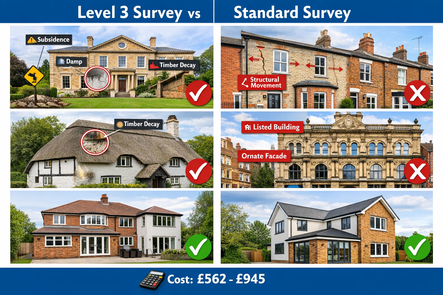 () comparative visual guide showing property types requiring Level 3 surveys versus standard surveys. Grid layout featuring