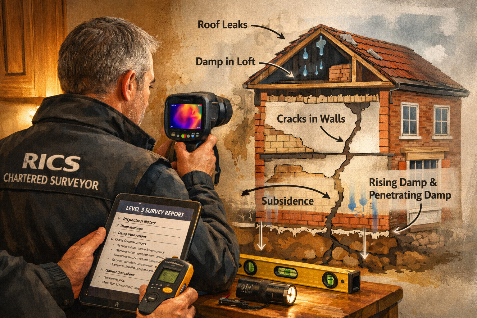() close-up scene of RICS chartered surveyor examining structural elements inside period property, using thermal imaging