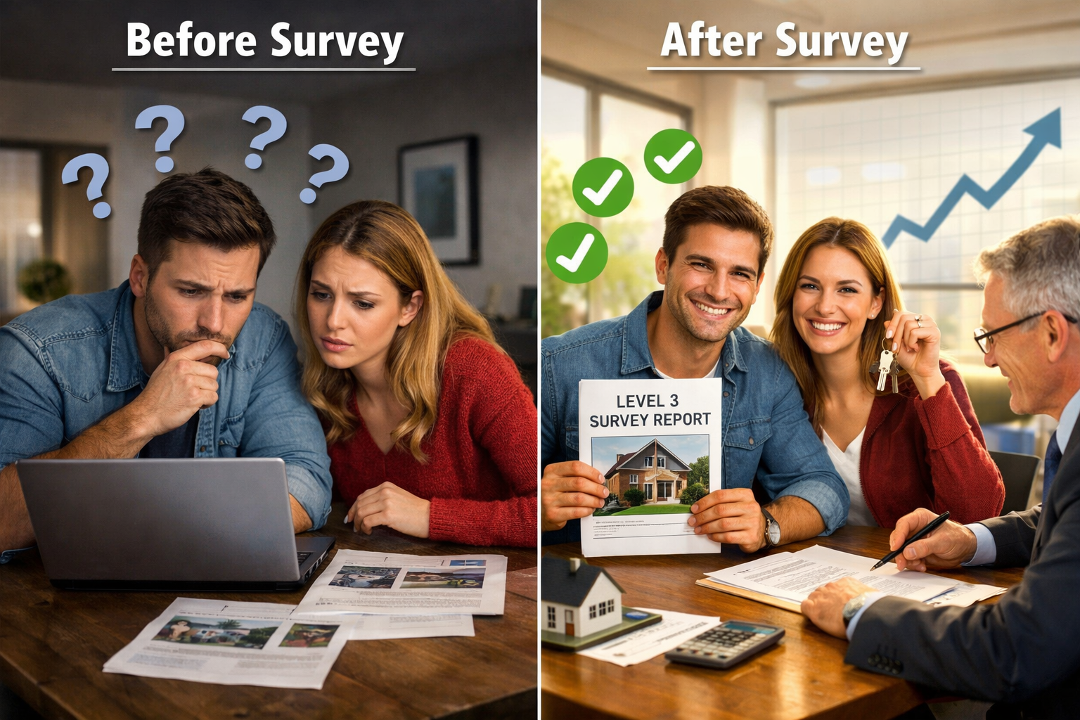 () split-screen comparison image showing 'Before Survey' and 'After Survey' scenarios. Left side: concerned buyers reviewing