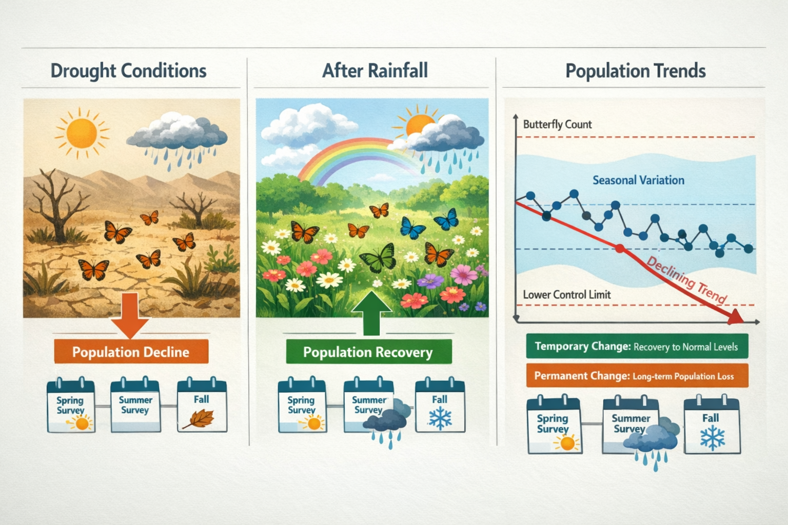 Detailed () image showing weather pulse concept visualization with three-panel comparison: left panel displays butterfly