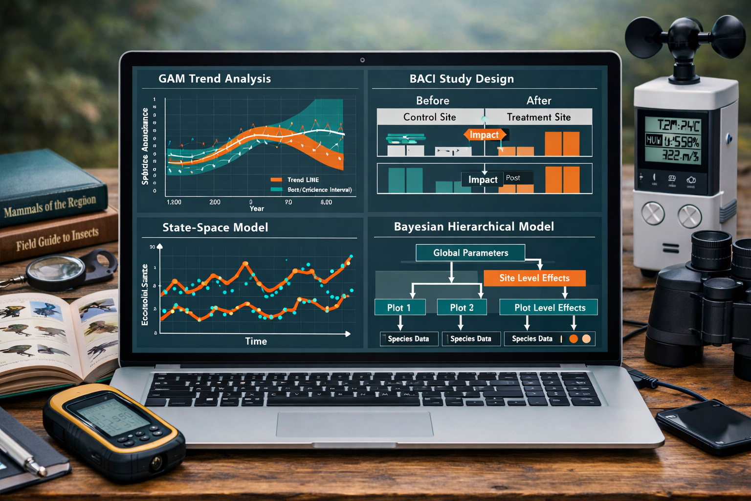 Detailed () image featuring advanced statistical analysis dashboard for biodiversity monitoring. Central focus on laptop