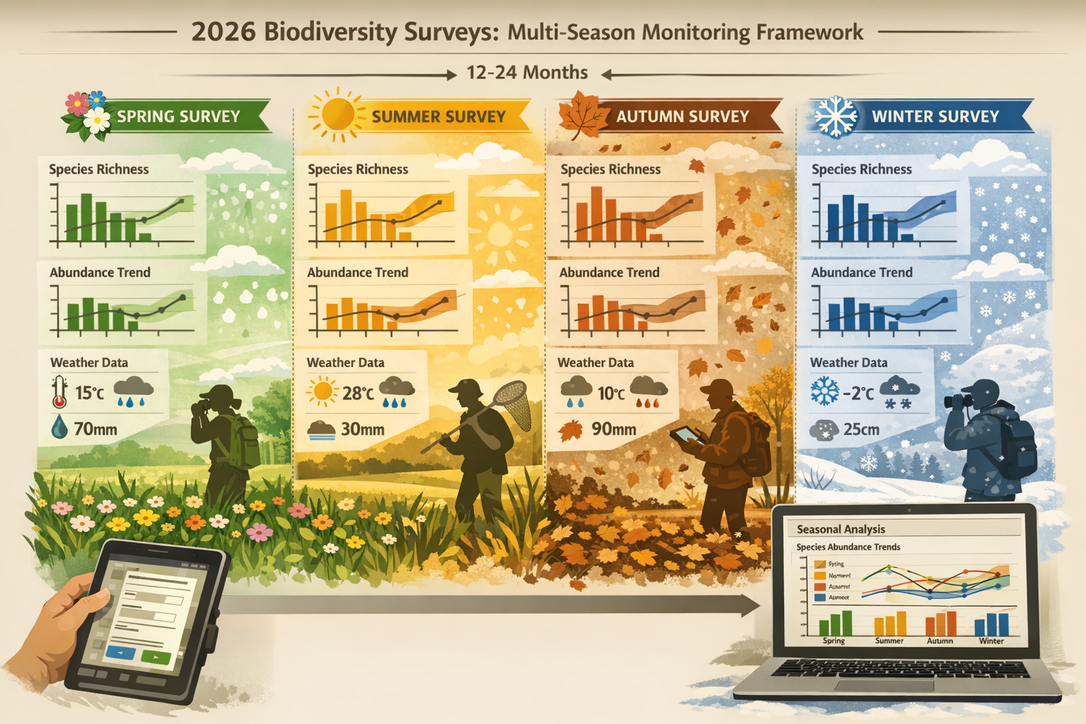 Detailed () image illustrating multi-season monitoring framework for 2026 biodiversity surveys. Visual timeline spanning