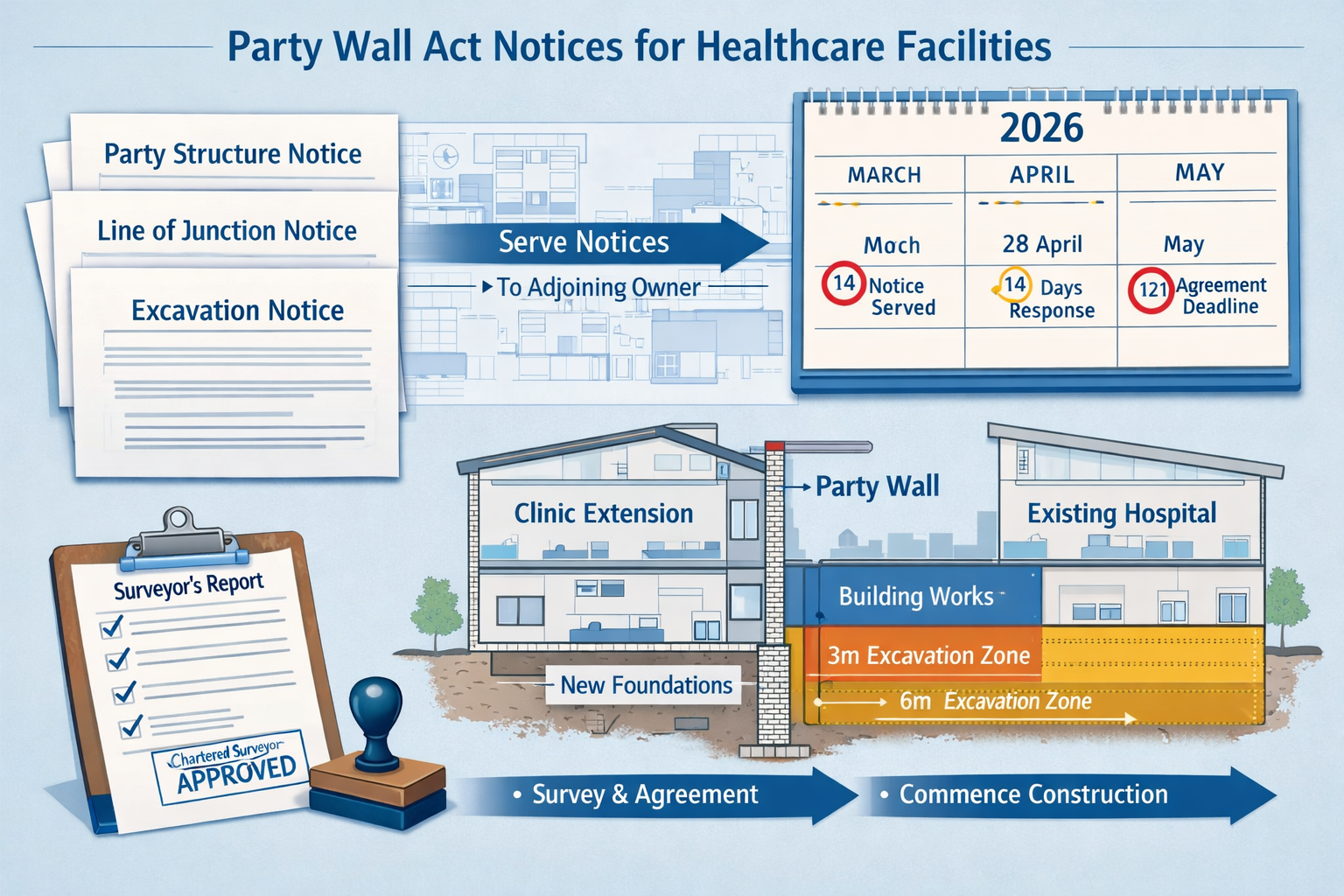 Landscape format (1536x1024) detailed illustration showing Party Wall Act notice documentation process for healthcare facilities, featuring