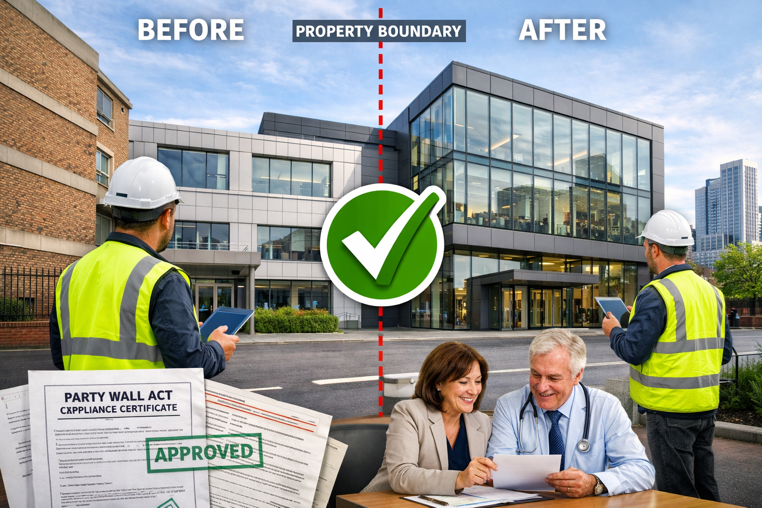 Landscape format (1536x1024) modern healthcare facility exterior showing completed clinic expansion project with visible party wall integrat