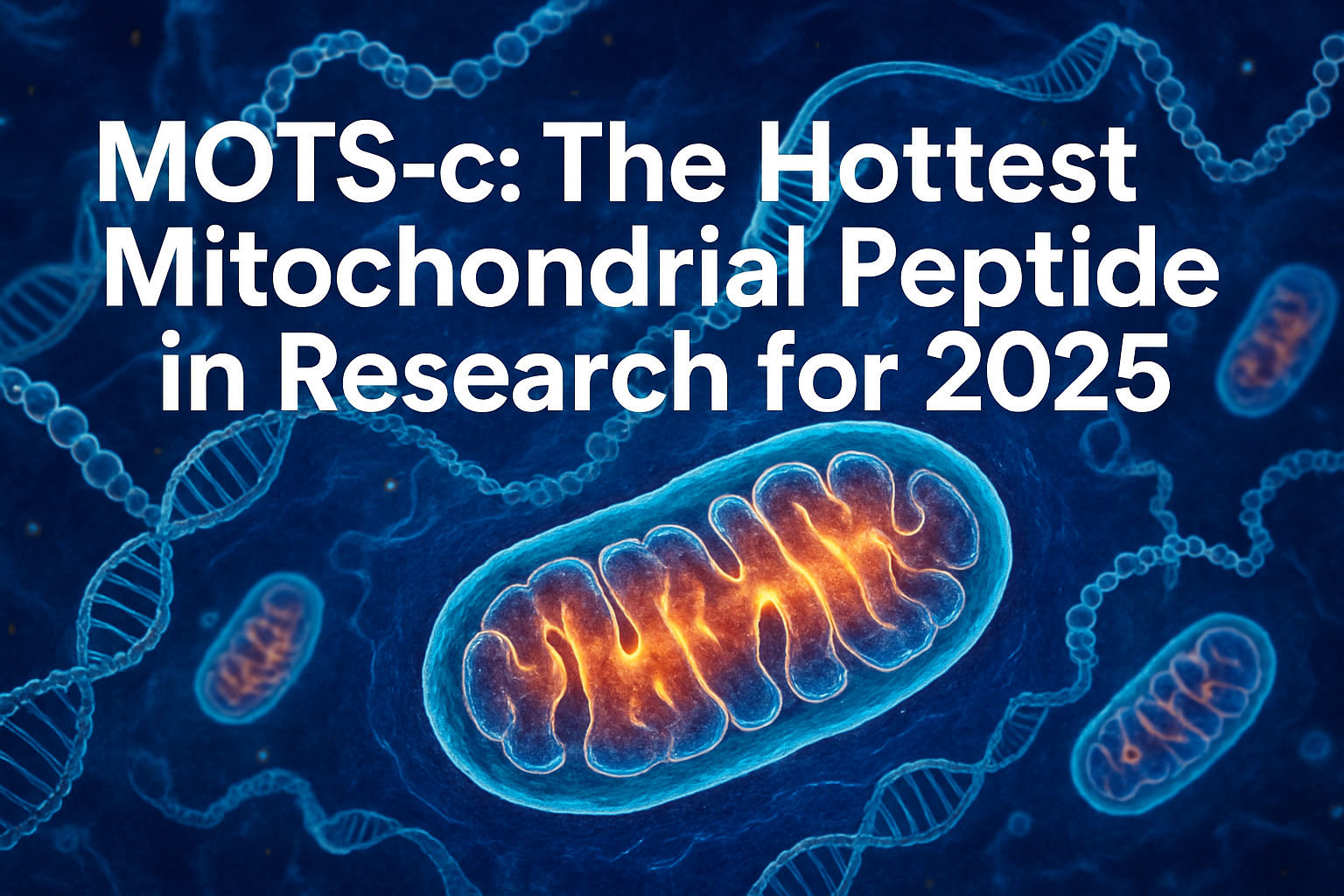 Professional landscape hero image (1536x1024) with bold text overlay: 'Mots-c: The Hottest Mitochondrial Peptide in Research for 2025', mode