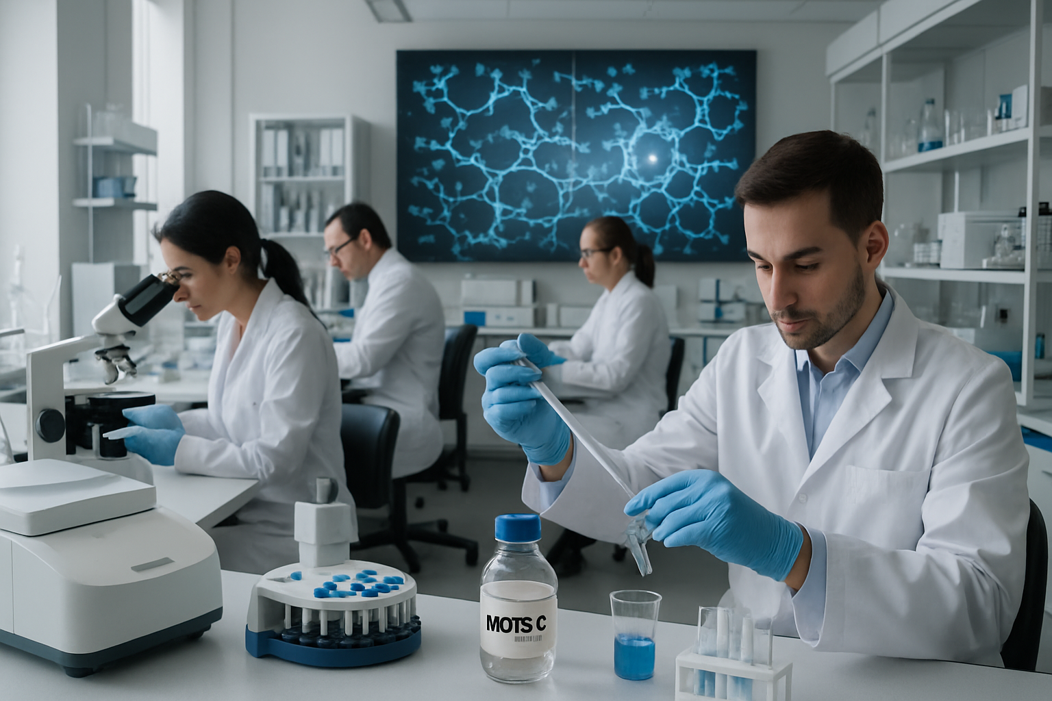 A sophisticated lab setting with researchers in lab coats diligently working on experiments involving Motsc. Focus on equipment like microsc