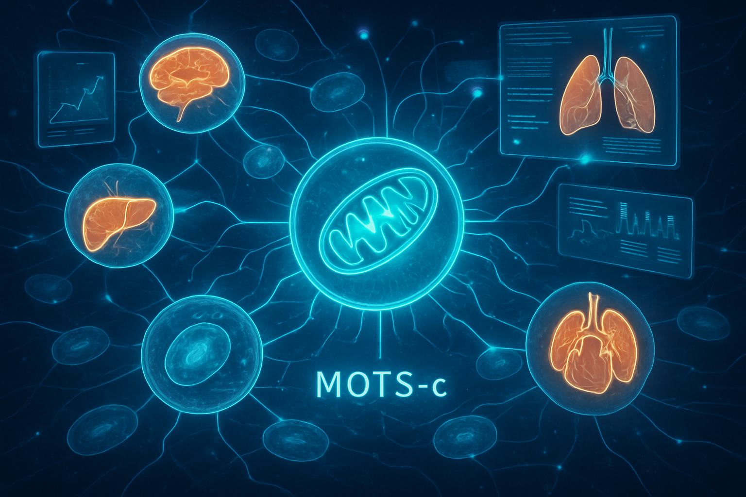 A conceptual illustration representing the future of mitochondrial peptide research, with Motsc (mots-c) at its core. Show a network of inte