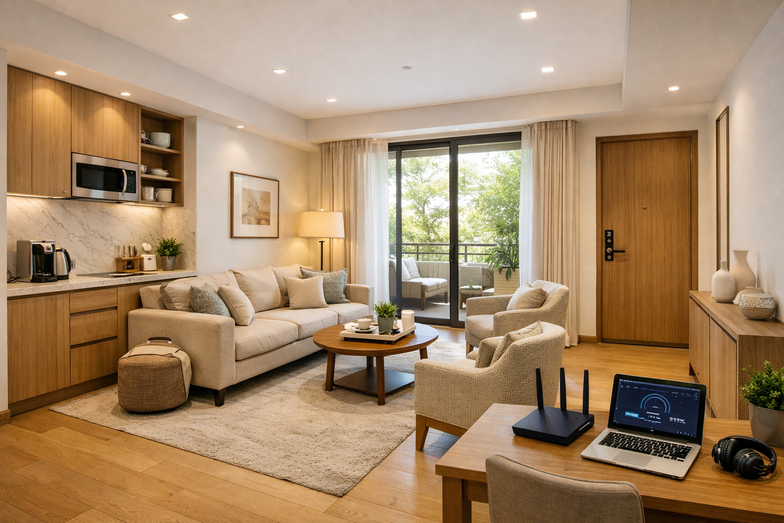 A meticulously detailed, () image showcasing the interior of a luxurious, fully private Airbnb apartment. Focus on a