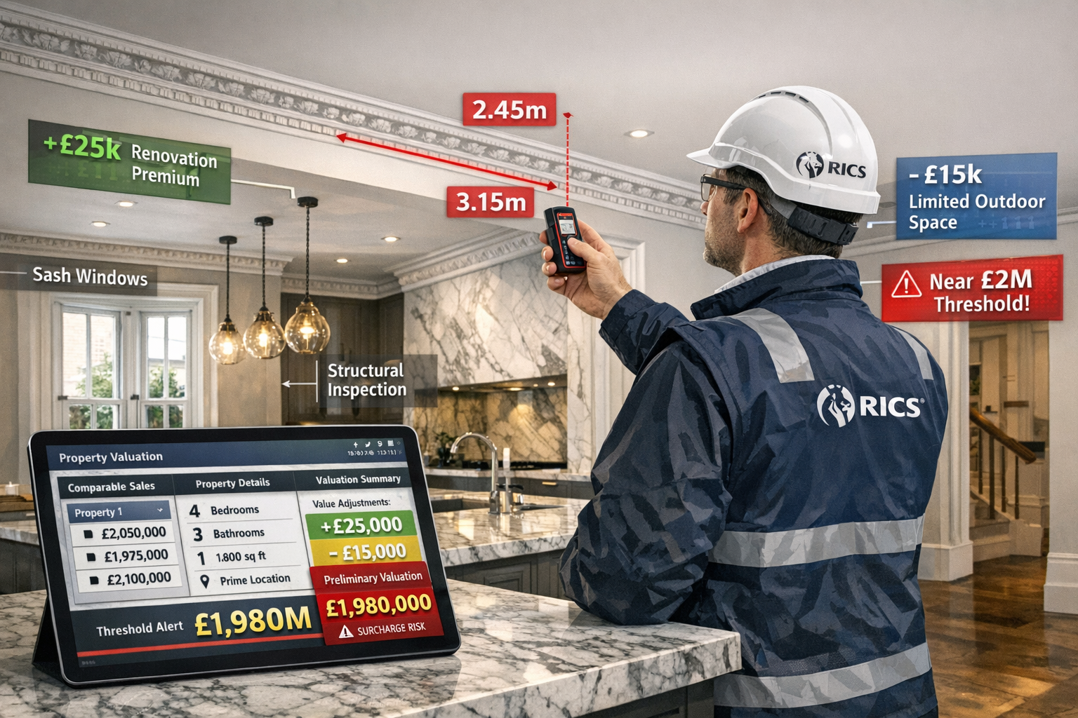 Detailed () technical illustration showing RICS surveyor conducting detailed interior inspection of high-value London