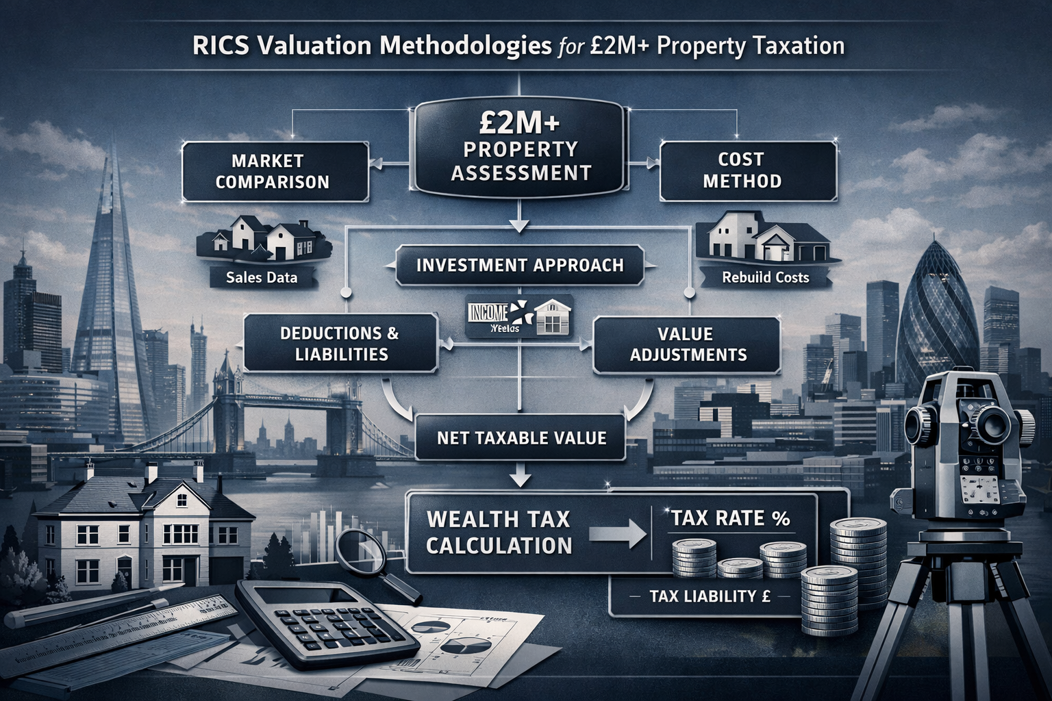 Professional editorial landscape illustration visualizing RICS valuation methodologies for high-value property taxation,
