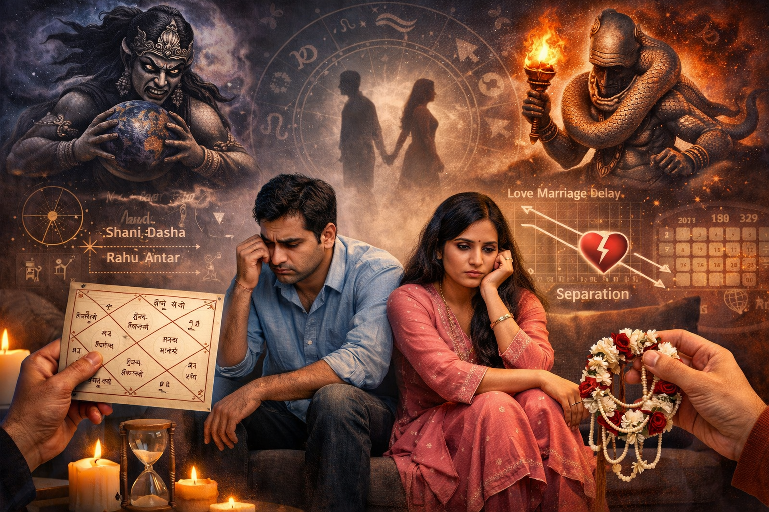 एक विस्तृत लैंडस्केप प्रारूप (1536x1024) छवि जिसमें एक चिंतित युगल को दिखाया गया है, उनके ऊपर राहु और केतु की प्रतीकात्मक छवियां मंडरा रही ह
