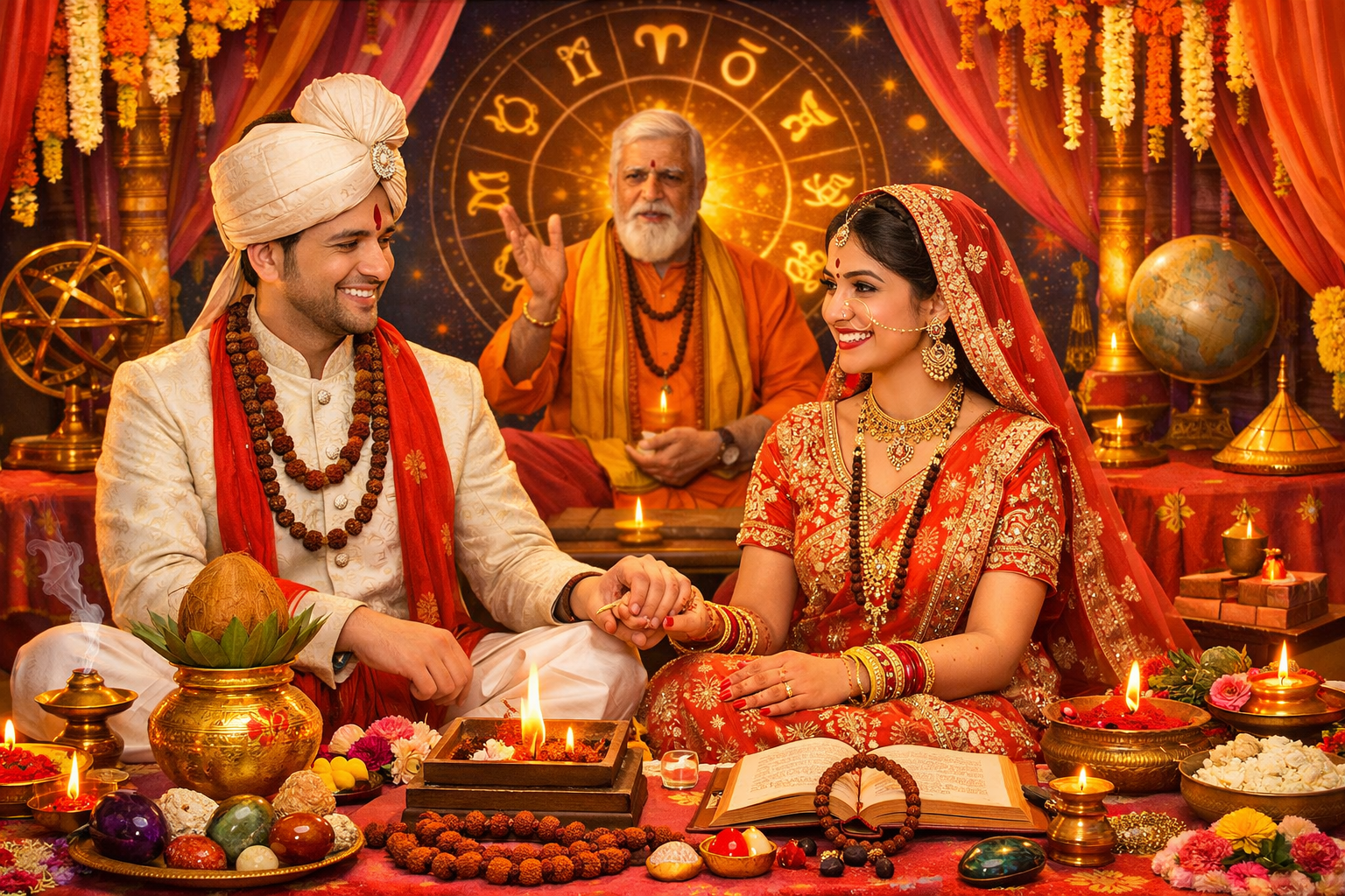 एक विस्तृत लैंडस्केप प्रारूप (1536x1024) छवि जिसमें एक खुशहाल युगल एक विवाह मंडप में बैठा है, उनके आसपास ज्योतिषीय यंत्र, रत्न (जैसे गोमेद, 