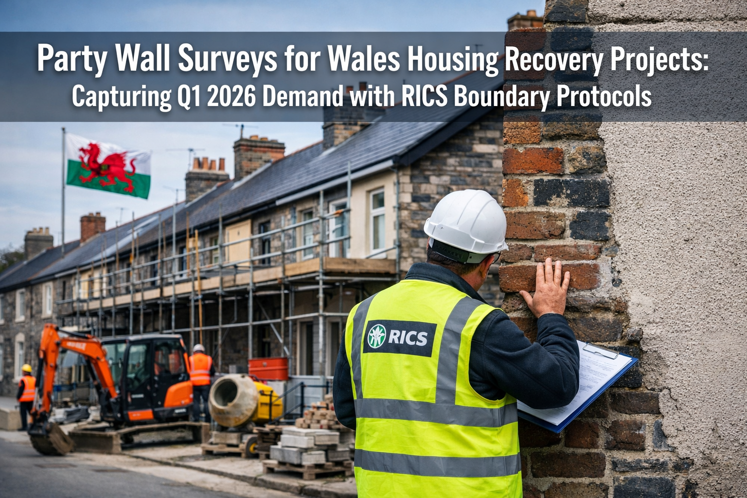 Professional () hero image featuring 'Party Wall Surveys for Wales Housing Recovery Projects: Capturing Q1 2026 Demand with