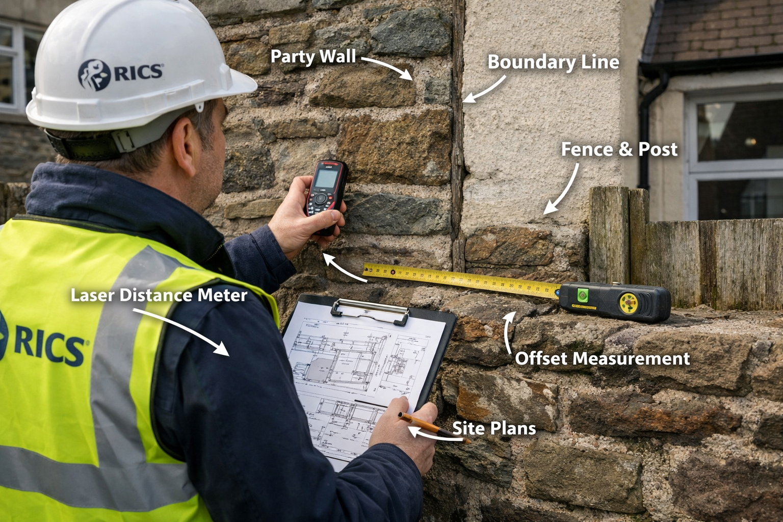 () detailed illustration showing RICS surveyor conducting boundary inspection at Welsh terraced house, close-up of shared