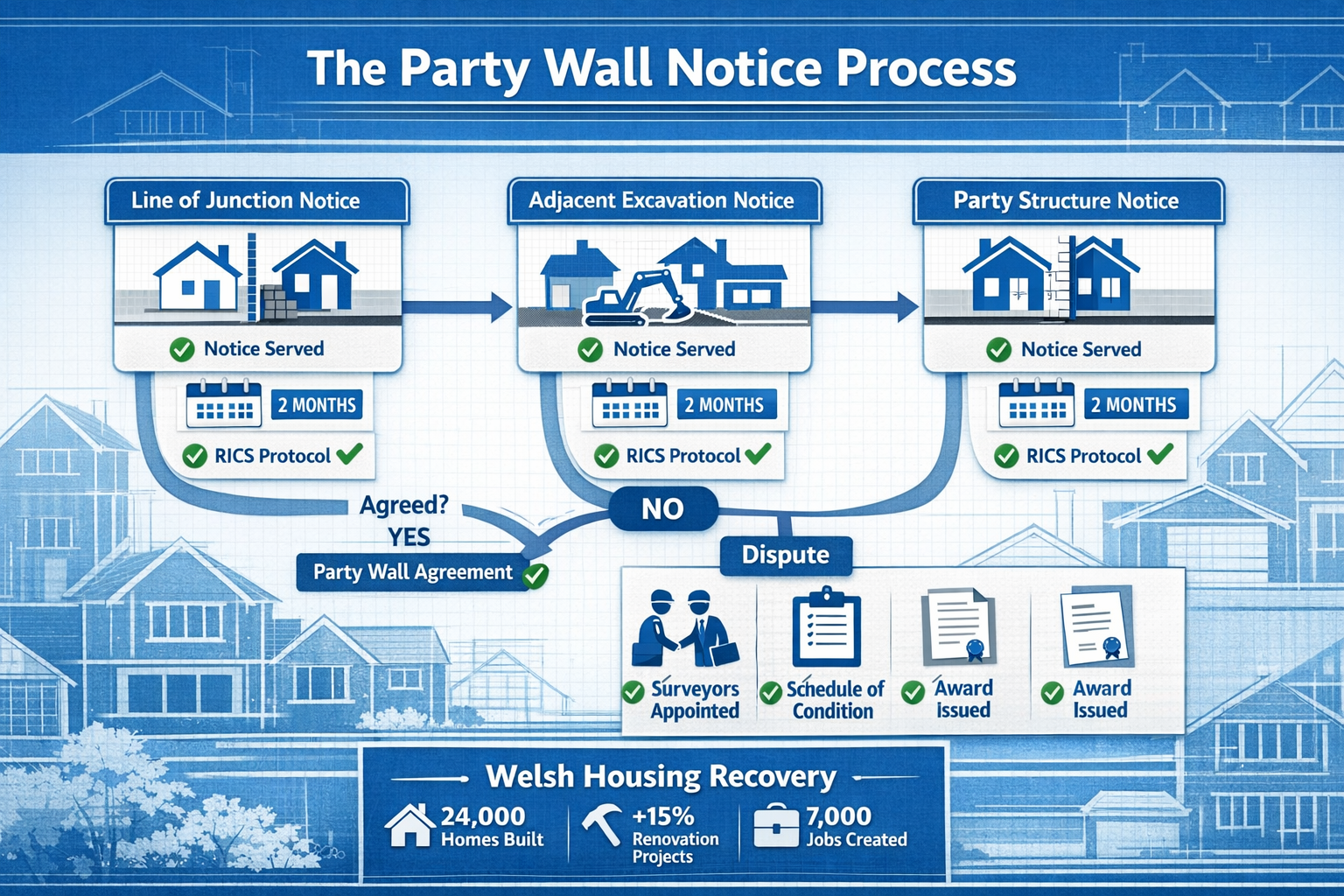 () infographic-style composition displaying party wall notice process flowchart with Welsh housing context, three distinct