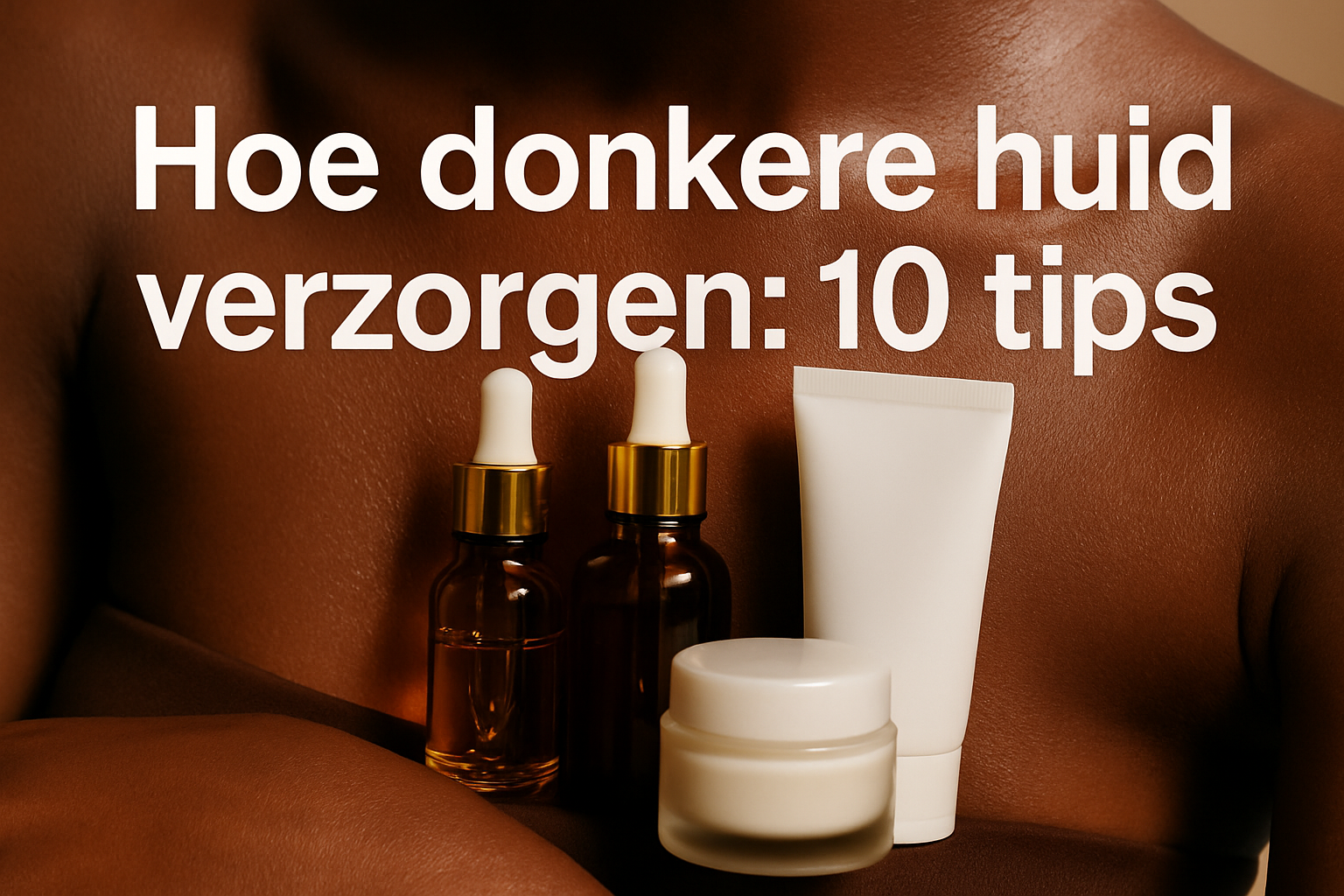 Hoe donkere huid verzorgen: 10 tips voor een stralende en gezonde huid 1 Professional landscape hero image (1536x1024) featuring bold text overlay 'Hoe donkere huid verzorgen: 10 tips' in extra large 72pt white sa