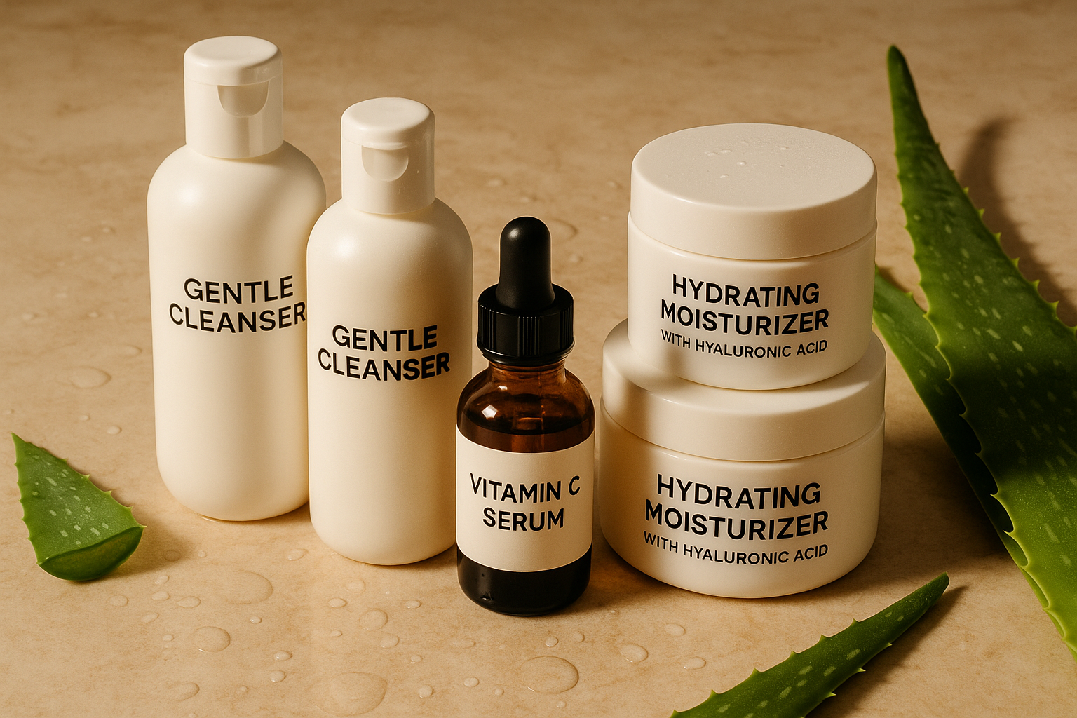 Hoe donkere huid verzorgen: 10 tips voor een stralende en gezonde huid 2 Editorial landscape image (1536x1024) showing skincare routine essentials for dark skin: gentle cleanser bottles, hydrating moisturizers wit