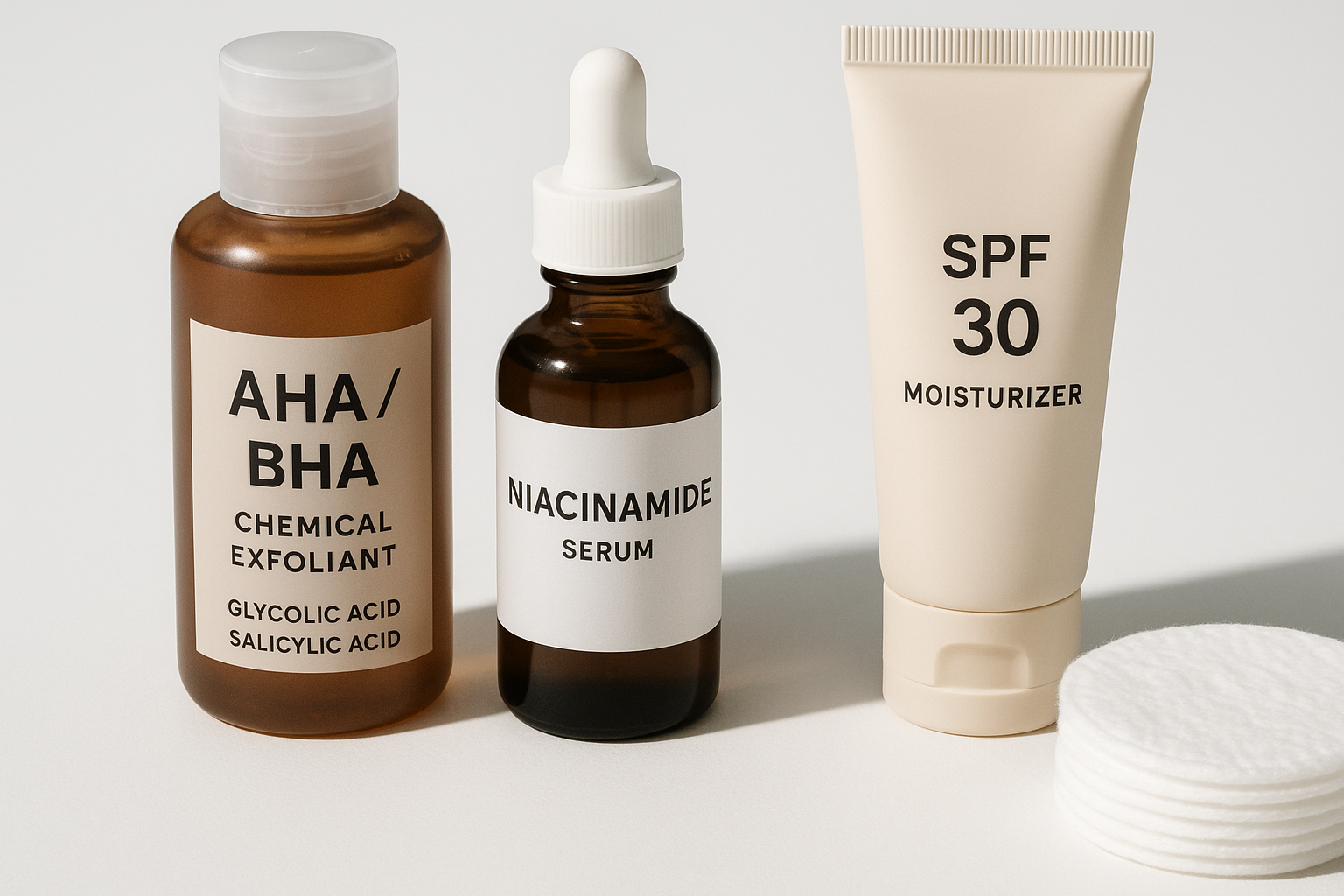 Hoe donkere huid verzorgen: 10 tips voor een stralende en gezonde huid 4 Close-up landscape editorial image (1536x1024) of exfoliation and treatment products for dark skin: chemical exfoliant bottles with AHA/BHA