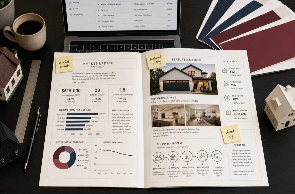 () showing a top-down flat-lay of a real estate agent's desk with a printed newsletter layout spread across it, sections