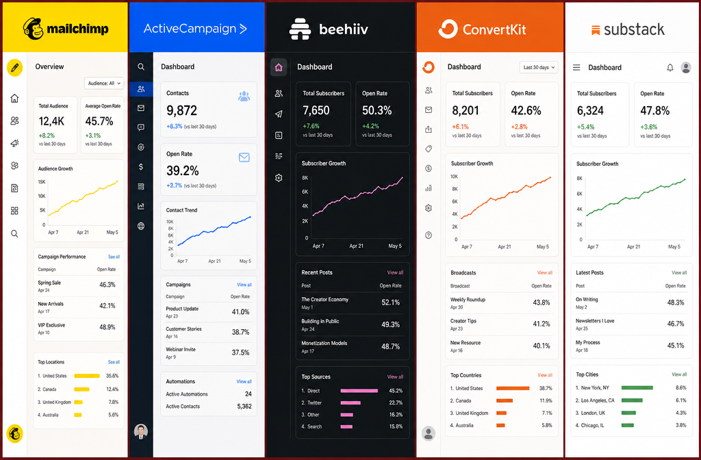 () split-screen comparison graphic showing five email platform logos represented as stylized interface mockups side by side