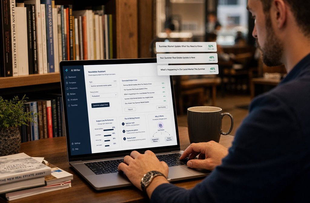 () showing a real estate agent sitting at a coffee shop table, focused on a laptop screen displaying an AI writing assistant