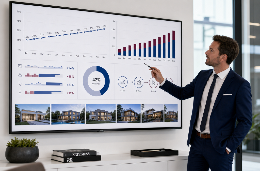 () showing an upward-trending analytics dashboard on a large monitor mounted on a modern office wall, displaying email open