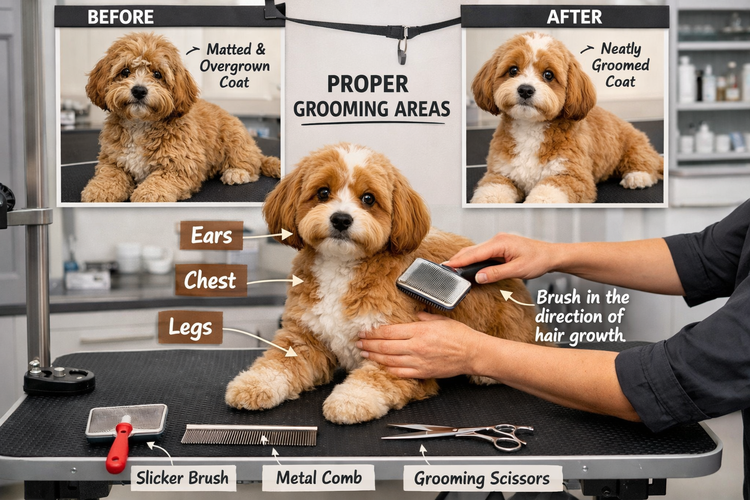 Detailed landscape image (1536x1024) showing professional grooming session for Cavapoo puppy, groomer demonstrating proper brushing techniqu