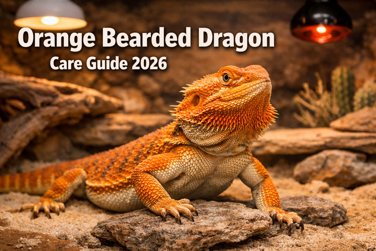 Professional landscape format (1536x1024) hero image featuring a stunning orange bearded dragon with vibrant orange and amber coloration pro
