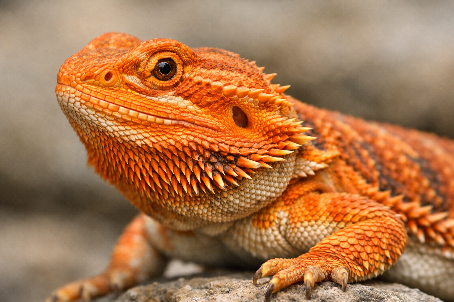 Detailed landscape format (1536x1024) image showing close-up of orange bearded dragon displaying characteristic bright orange and amber colo