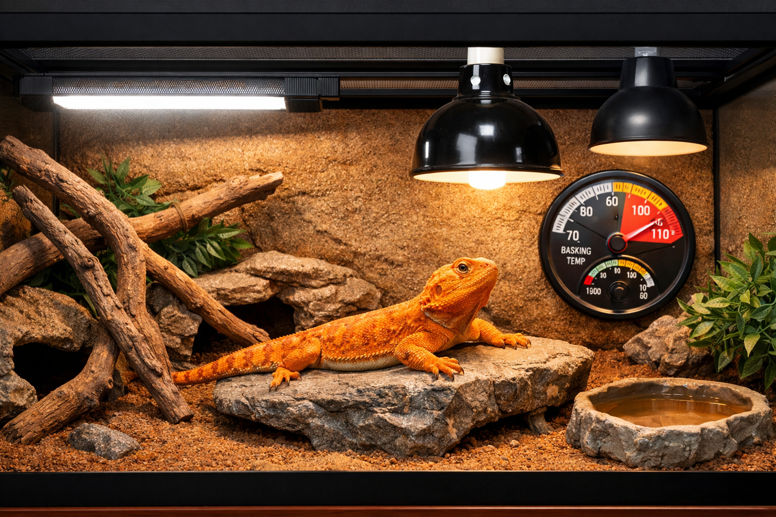Professional landscape format (1536x1024) image of complete orange bearded dragon terrarium setup showing 40-gallon tank with proper UVB lig