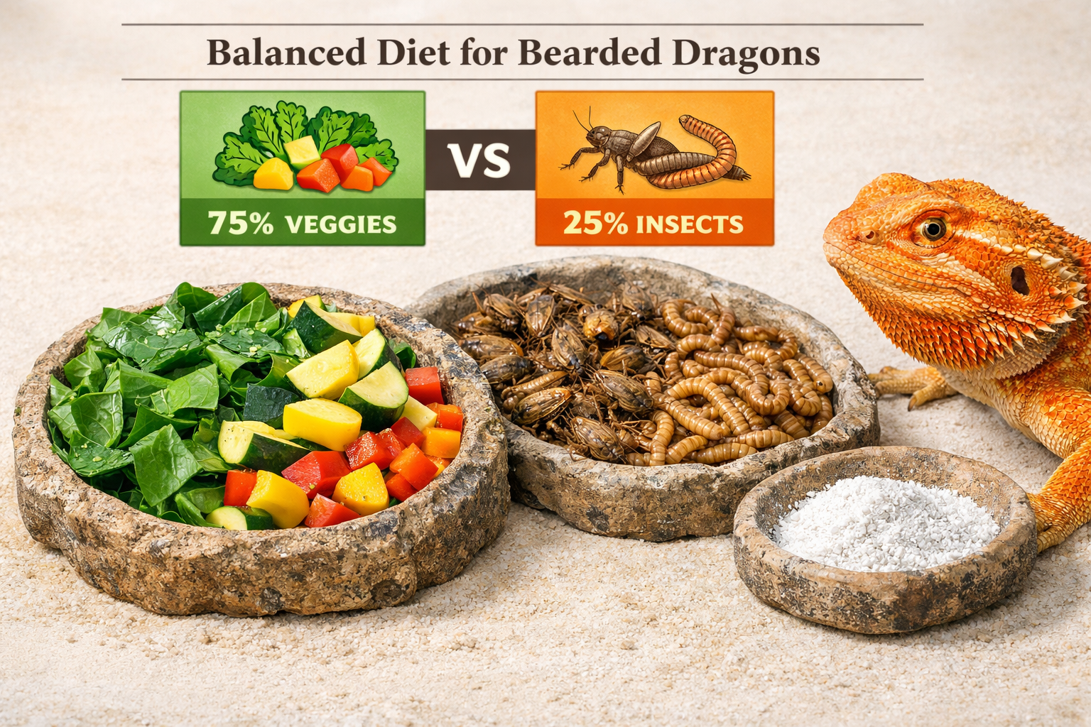Landscape format (1536x1024) image showing balanced diet for orange bearded dragons with fresh vegetables (collard greens, squash, bell pepp