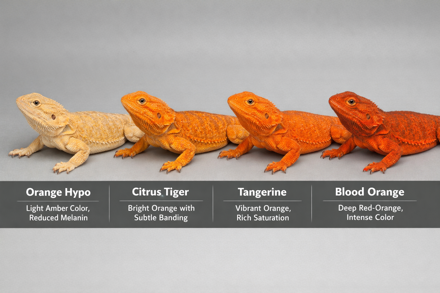 Professional landscape format (1536x1024) image comparing different orange bearded dragon morphs side by side, showing variations in orange 