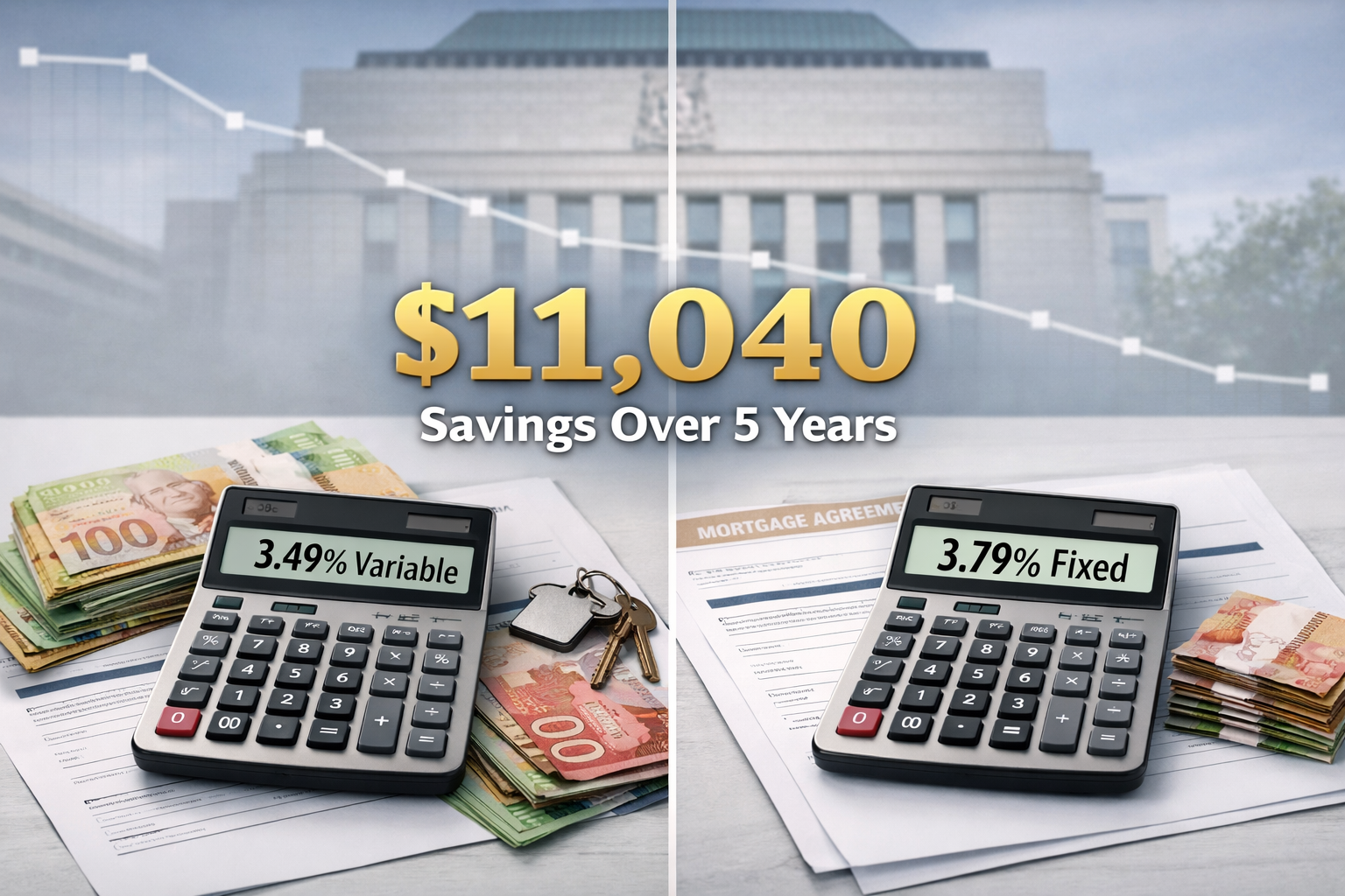 () editorial image showing split-screen comparison: left side displays calculator with '3.49% Variable' on screen surrounded