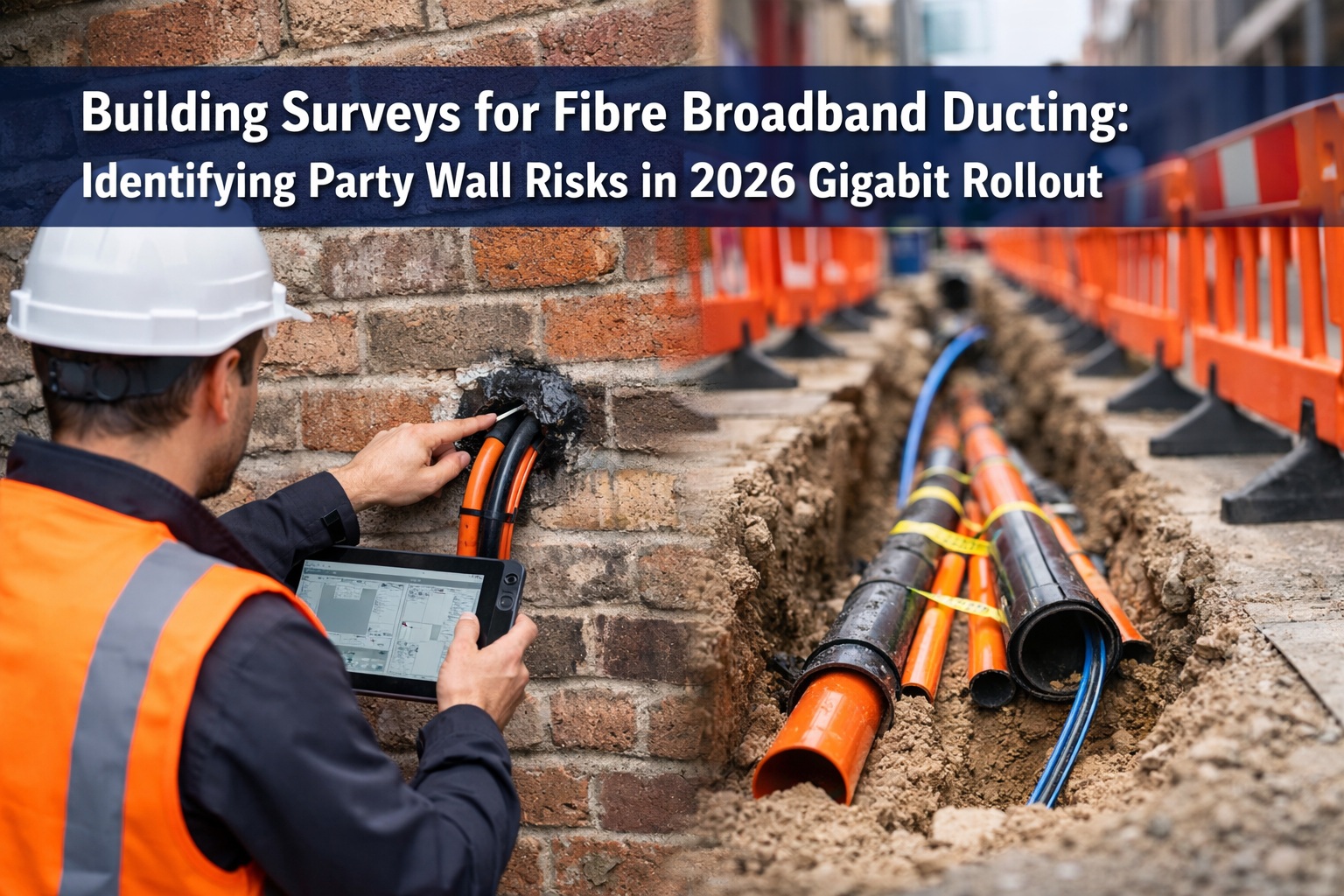 Professional () hero image with 'Building Surveys for Fibre Broadband Ducting: Identifying Party Wall Risks in 2026 Gigabit