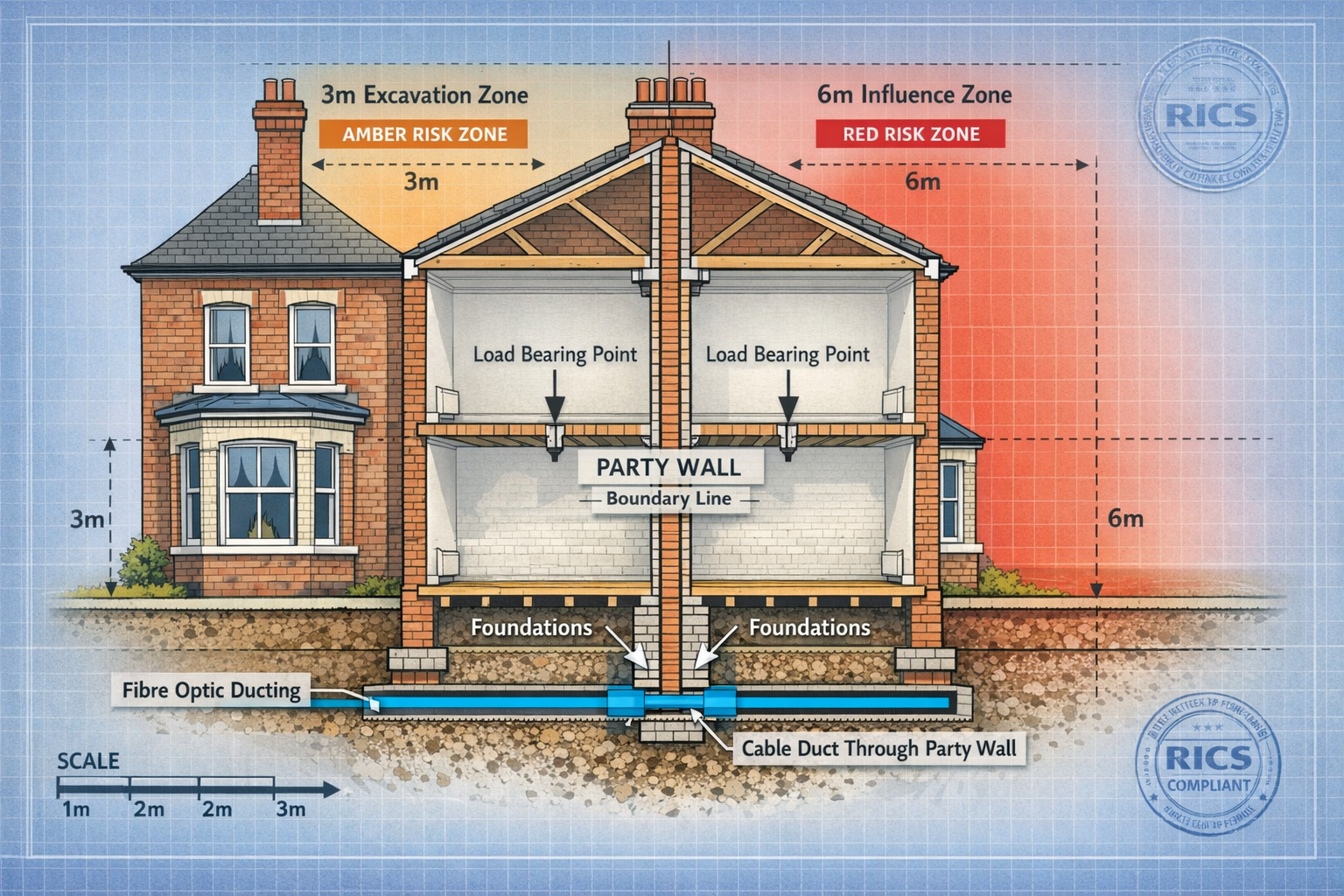 () detailed technical illustration showing cross-section cutaway view of terraced Victorian brick houses sharing party wall,