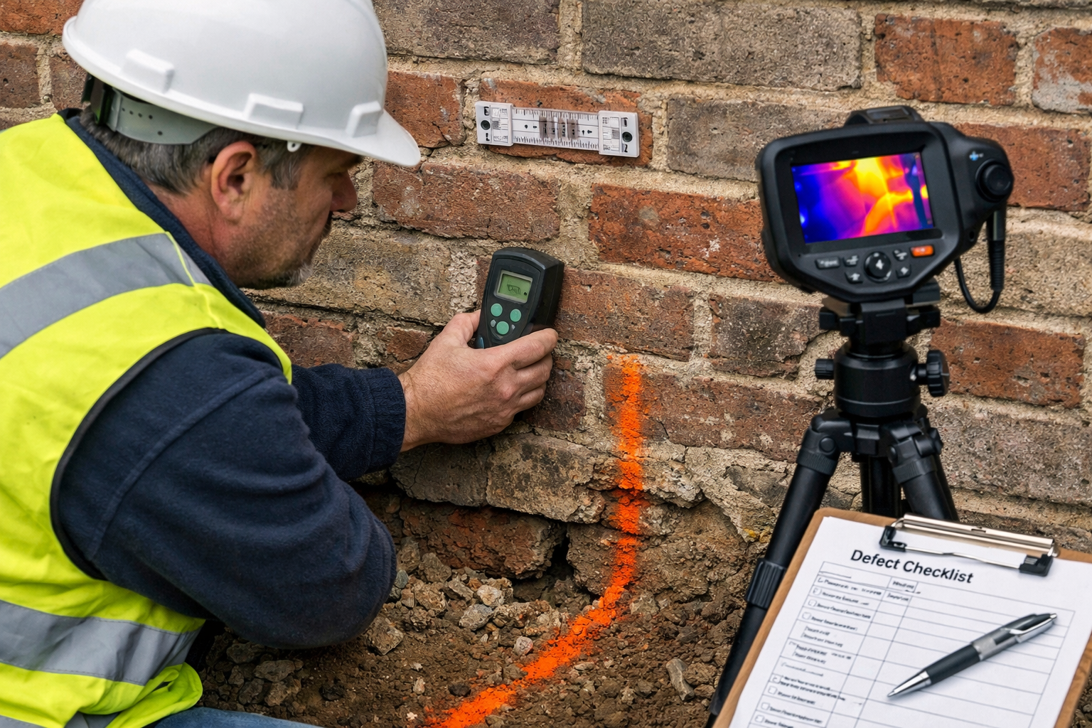 () close-up documentary-style photograph of professional building surveyor in high-visibility vest and hard hat conducting