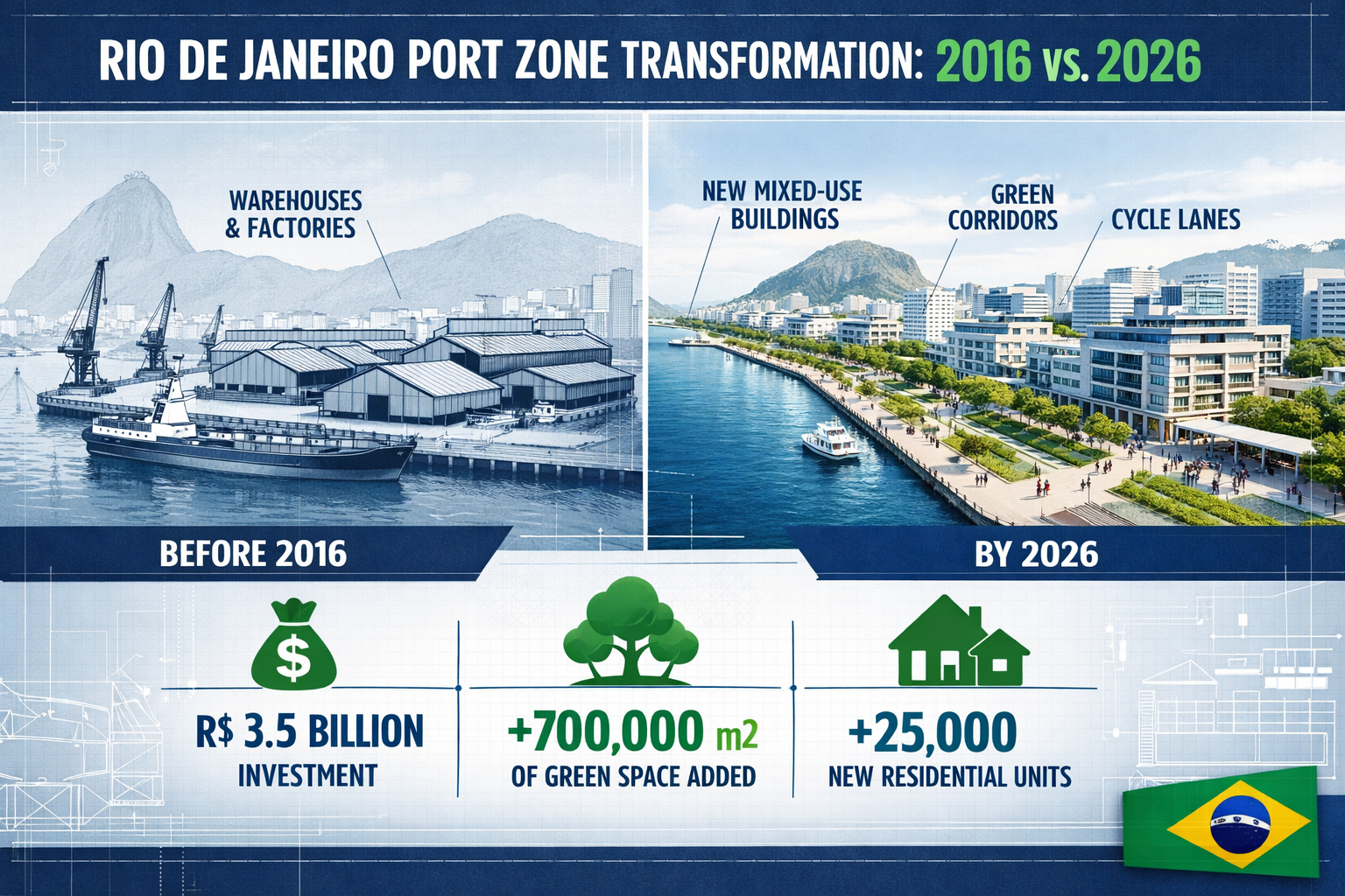 Detailed () editorial infographic showing Rio de Janeiro port zone transformation timeline 2016-2026, featuring side-by-side