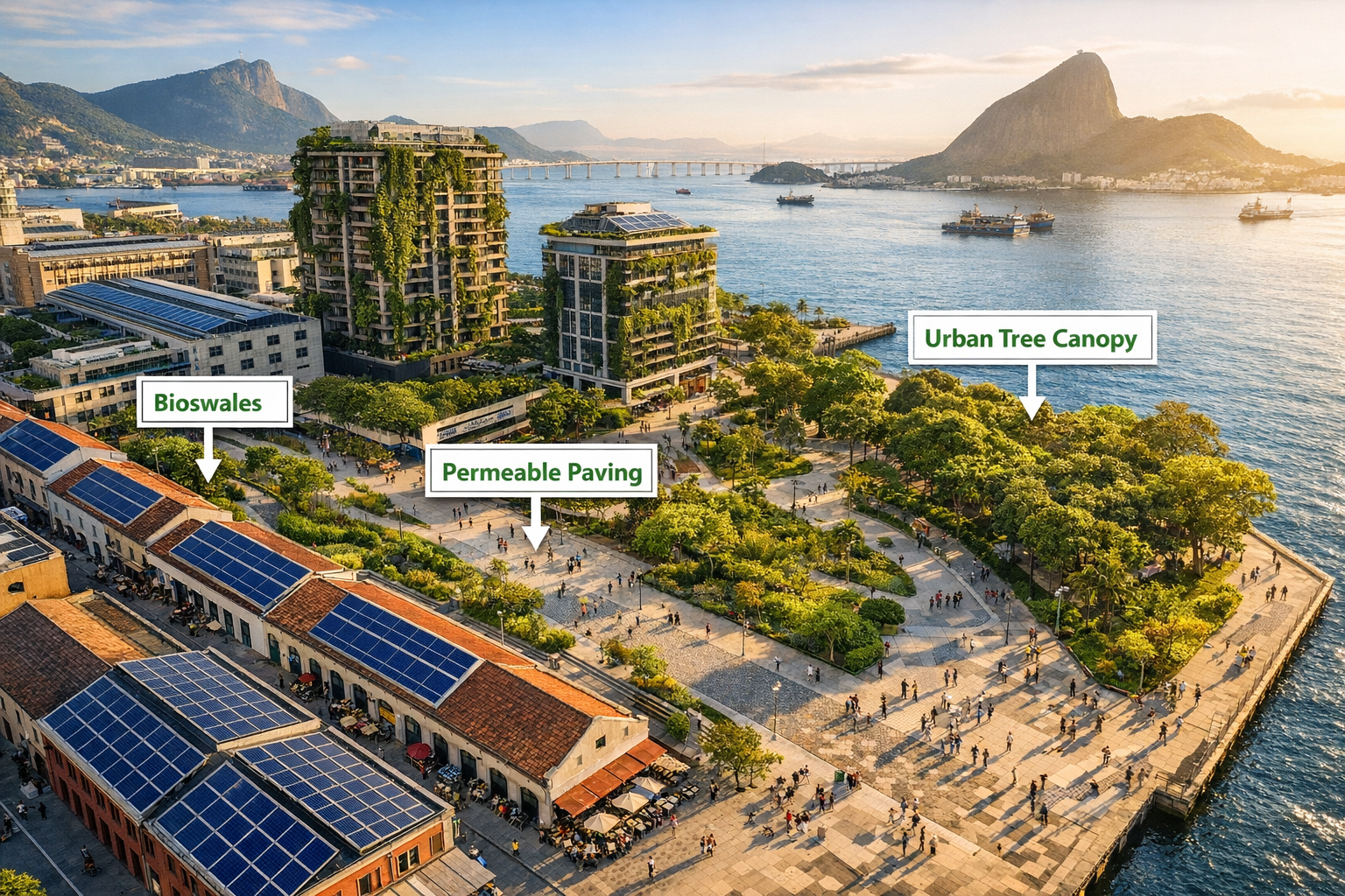 Detailed () bird's-eye drone perspective over Rio's Porto Maravilha district showing rooftop solar panels, vertical gardens